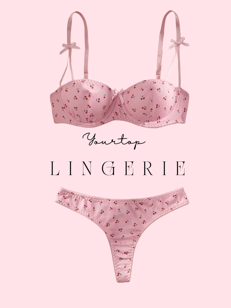 Pink Satin Lingerie Set 'Cherry Lady' with Cherry Print and Padded Bra, Front View.