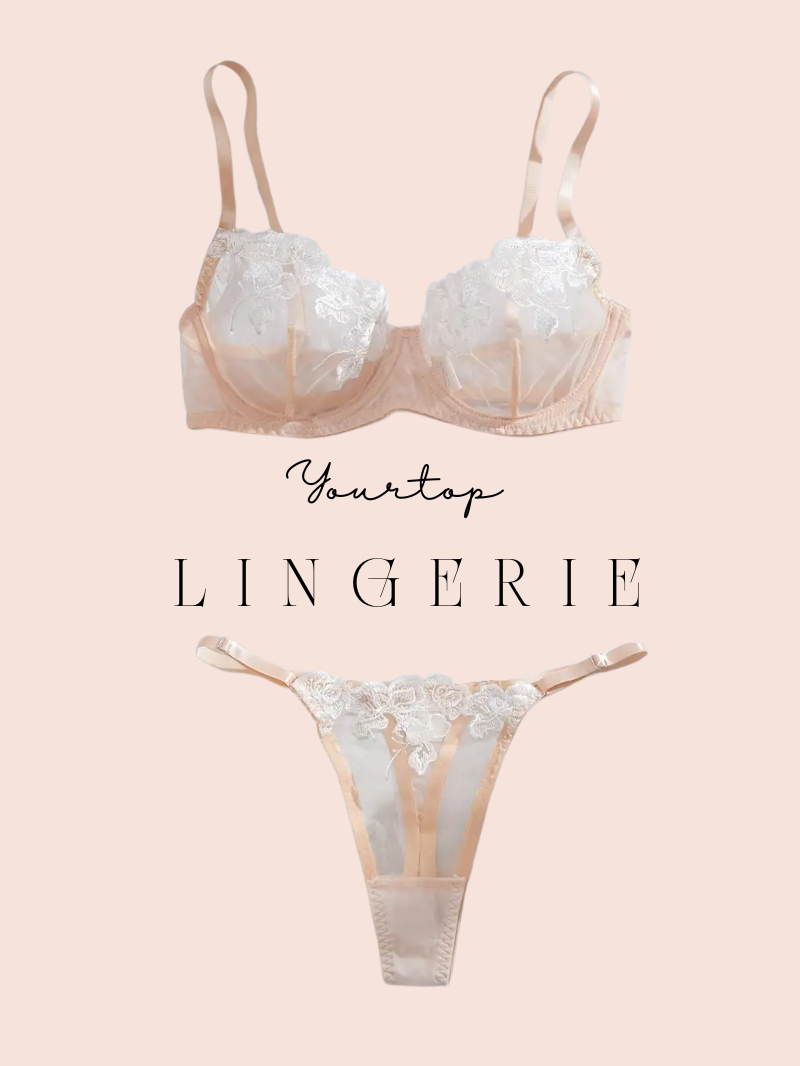 Nude/Beige Lingerie Set with White Floral Embroidery, Sheer Mesh Bra and Thong Front View.