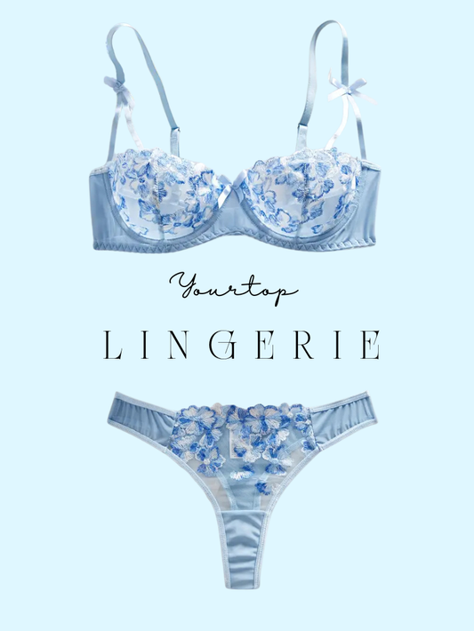 Baby Blue Satin Lingerie Set with Cloud Floral Embroidery, Underwire Bra and Thong Front View.