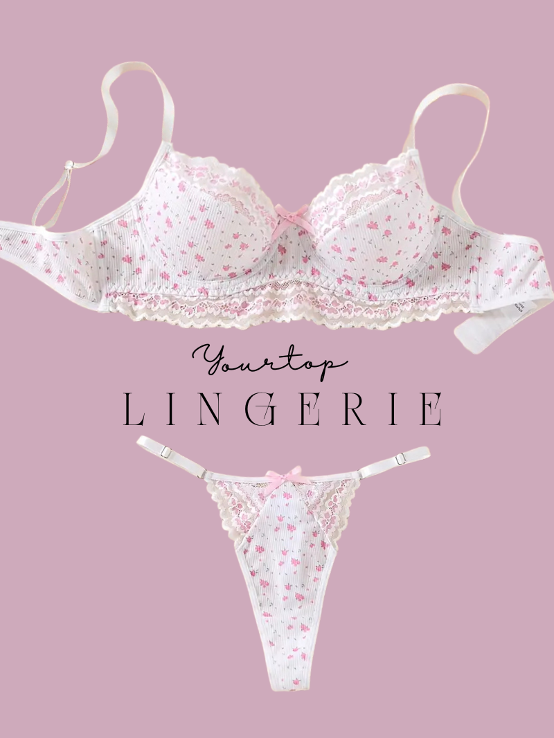 White Cotton Bralette and Thong Set with Pink Heart Print and Bow Detail, Front View.