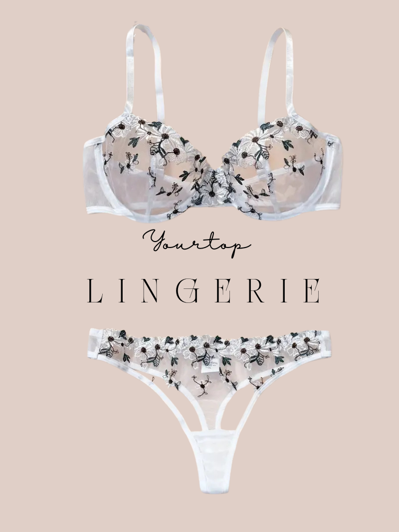 White Sheer Mesh Lingerie Set with Black Floral/Daisy Embroidery, Underwire Bra and Thong Front View.
