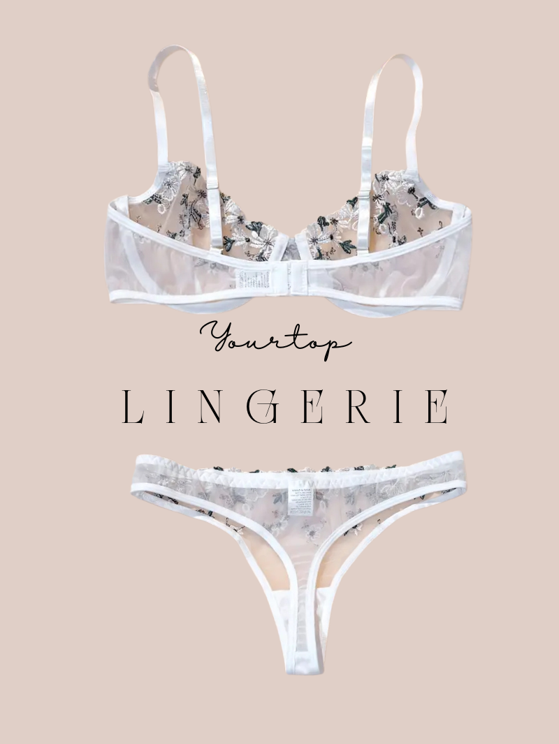 White Thong Back View, Sheer Mesh with Black Embroidery and Satin Straps Detail.