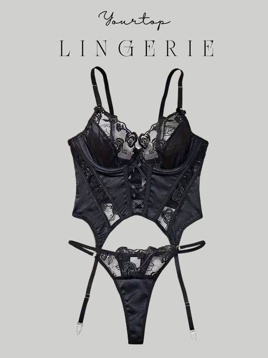 Black Satin Corset Lingerie Set 'Dark Night' with Front Lacing and Garter Thong, Front View.
