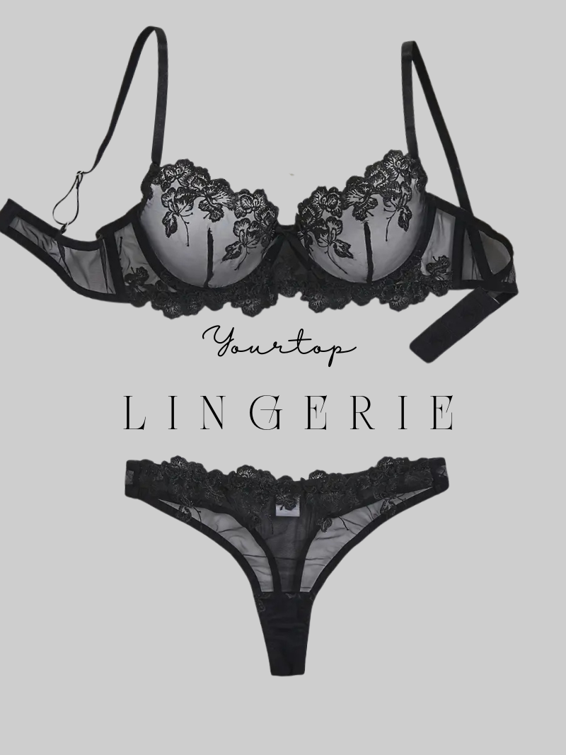 Black Sheer Mesh Lingerie Set with Floral Lace Applique, Underwire Bra and Thong Front View.