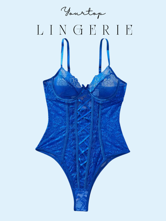 Electric Blue Lace Bodysuit with Satin Corset Lacing Detail and Underwire Cups, Front View.