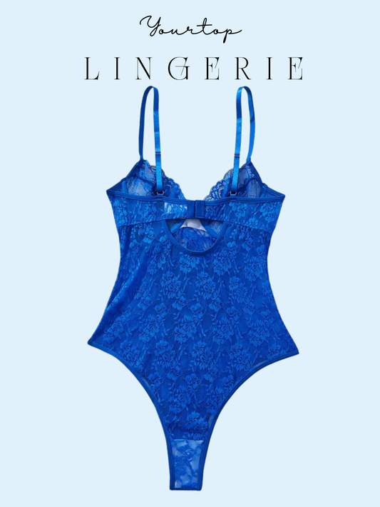 Electric Blue Teddy Back View, Adjustable Straps and Sheer Lace Fabric.