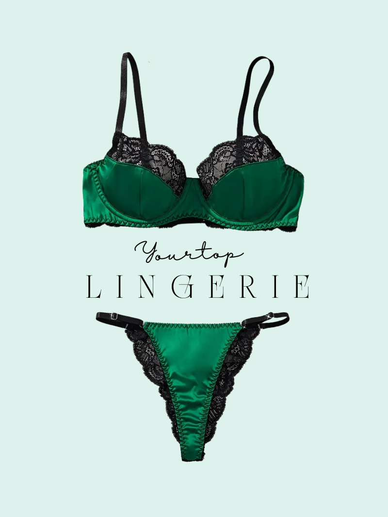Emerald Green Satin Lingerie Set with Black Lace Overlay, Push-Up Bra and Thong Front View.