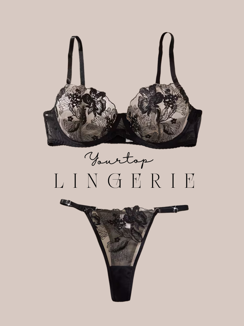 Black and Nude Floral Embroidered Bra 'Espresso' with Underwire Cups, Front View.