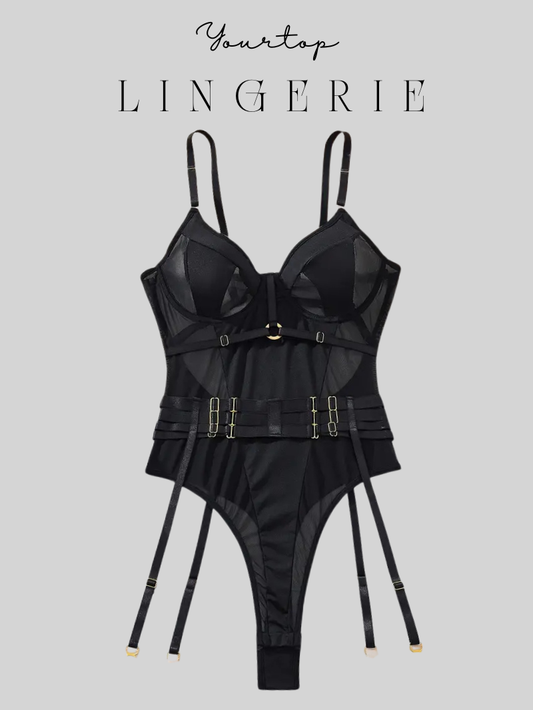 Black Harness Bodysuit 'Femida' with Waist Straps, Gold Hardware and Attached Garters, Front View.