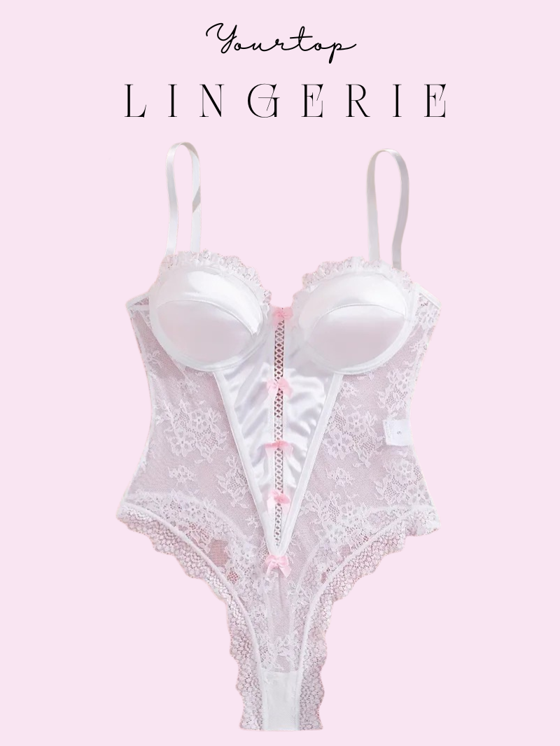 White Lace Bodysuit with Satin Front Panel, Pink Bows and Underwire Bra, Front View.