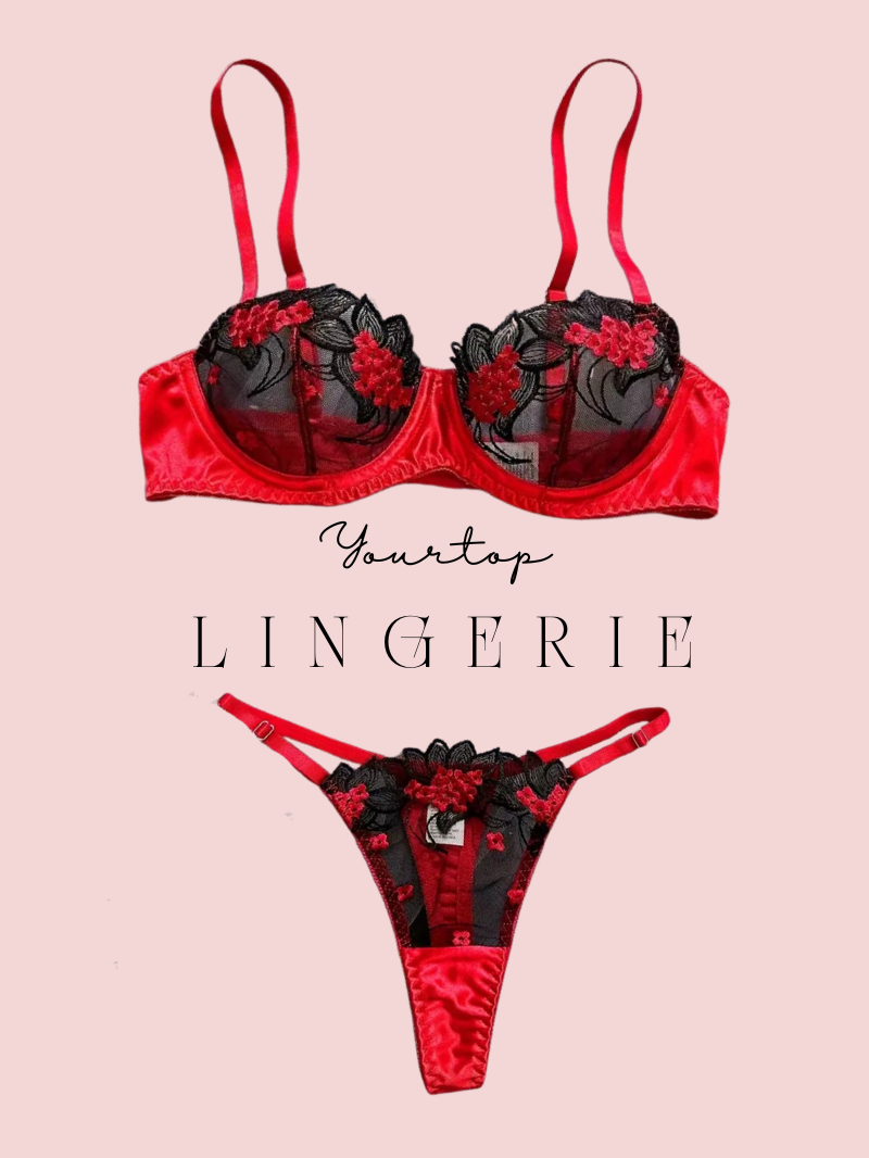 Red Satin Lingerie Set with Black Floral Lace Overlay, Underwire Bra and Thong Front View.