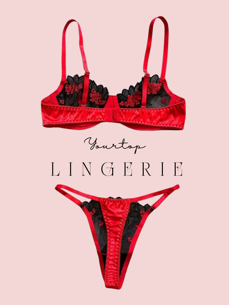 Red Satin Thong Back View, Sheer Black Lace Detail and Adjustable Straps.