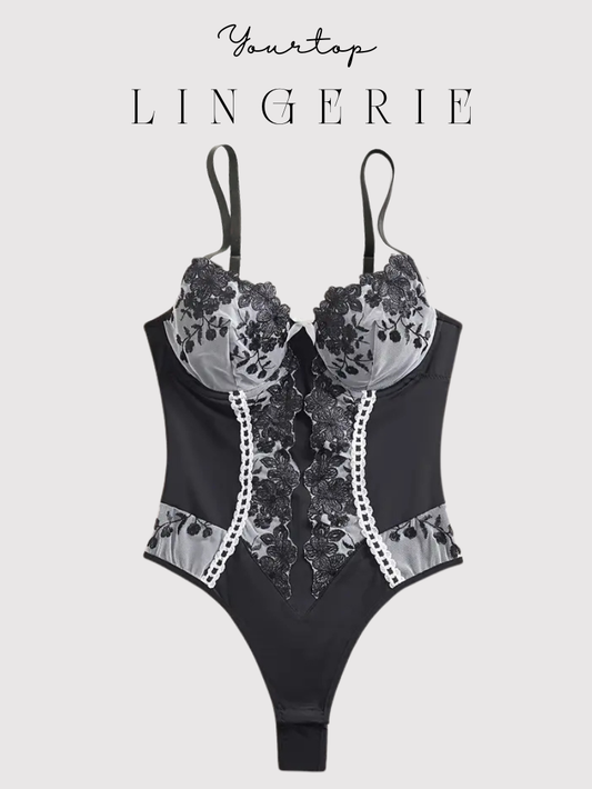 Black Bodysuit 'Katherine' with Grey Mesh Panels and Floral Embroidery, Underwire Cups, Front View.
