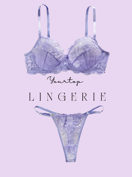 Lavender Lace Lingerie Set, Underwire Bra and Thong Front View, Scallop Edge Detail.