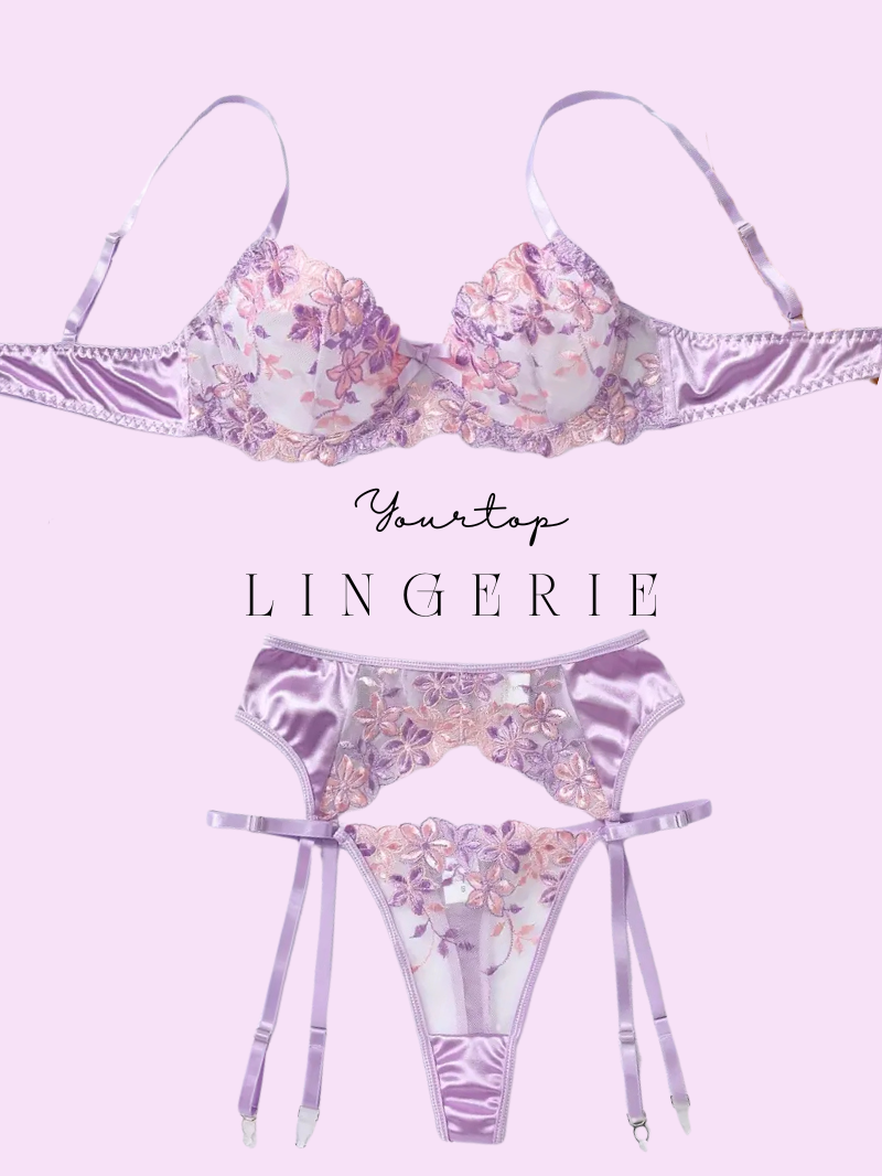 Lilac Satin Lingerie Set with Floral Embroidery, Bra, Thong and Garter Straps Front View.