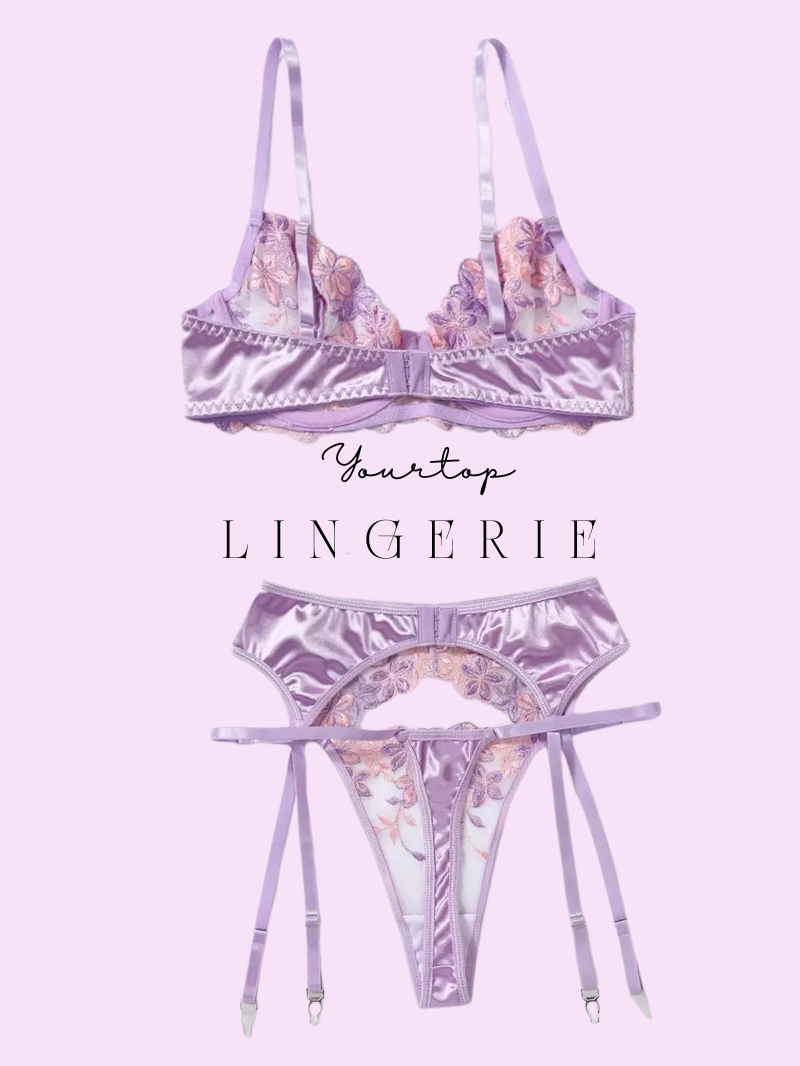 Lilac Thong Back View, Adjustable Garter Straps and Sheer Mesh Details.