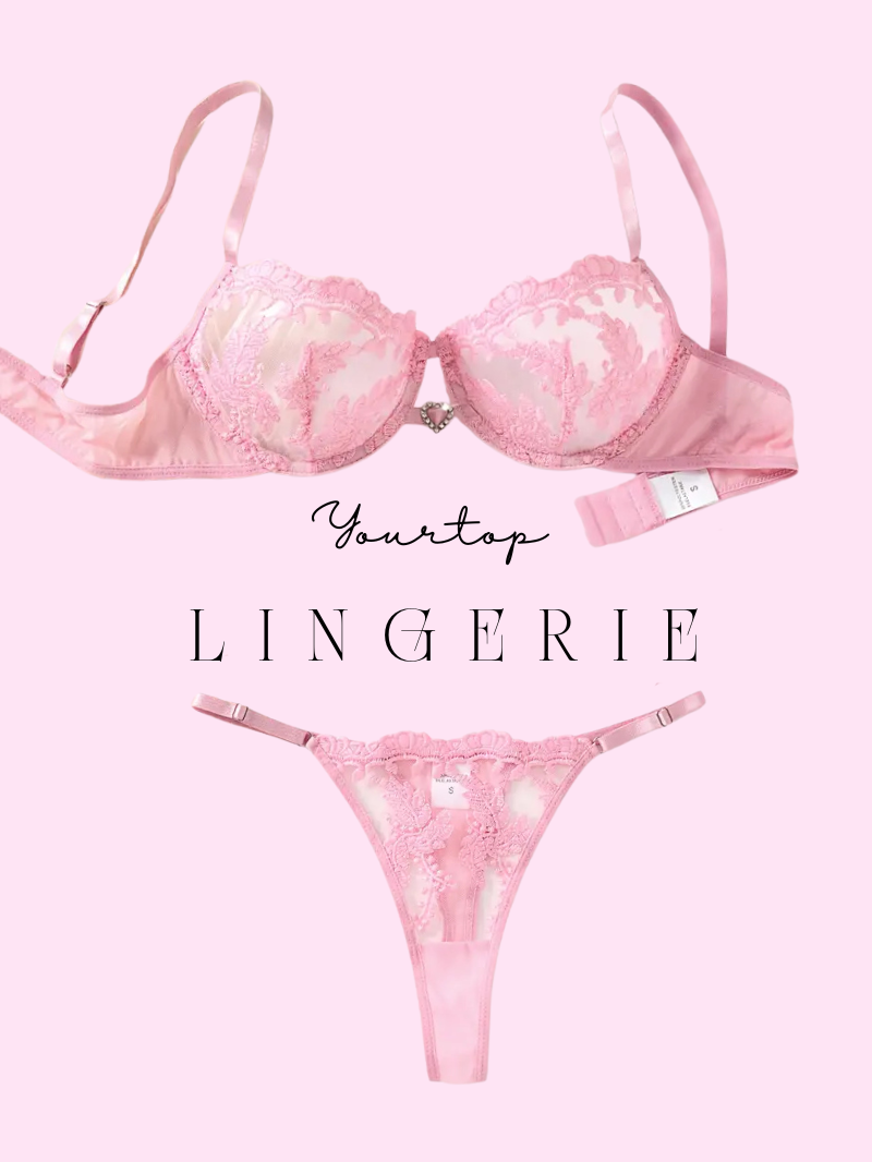 Blush Pink Satin Lingerie Set with Floral Embroidery, Demi-Cup Bra and Thong Front View.