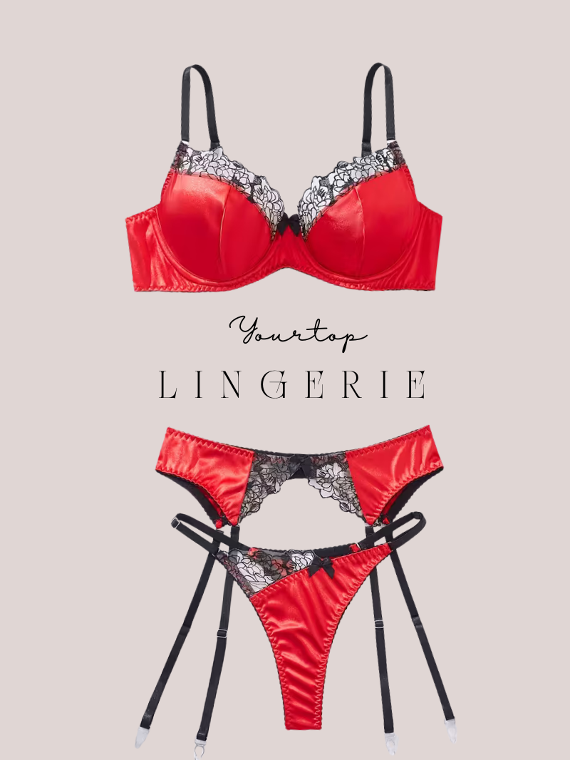 Red Satin Lingerie Set 'Midnight Rose' with Black Lace, Underwire Bra and Garter Belt, Front View.