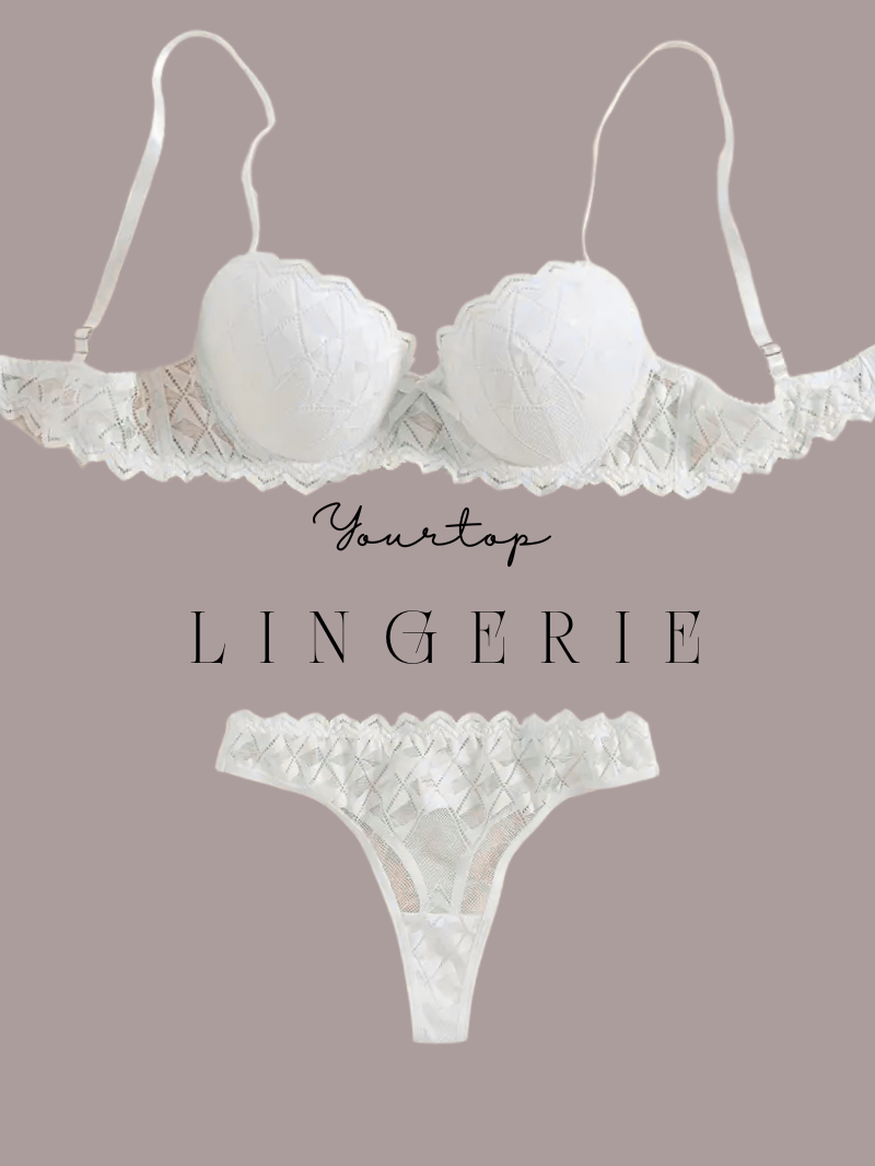 White Textured Lingerie Set with Quilted Detail, Underwire Bra and Thong Front View.