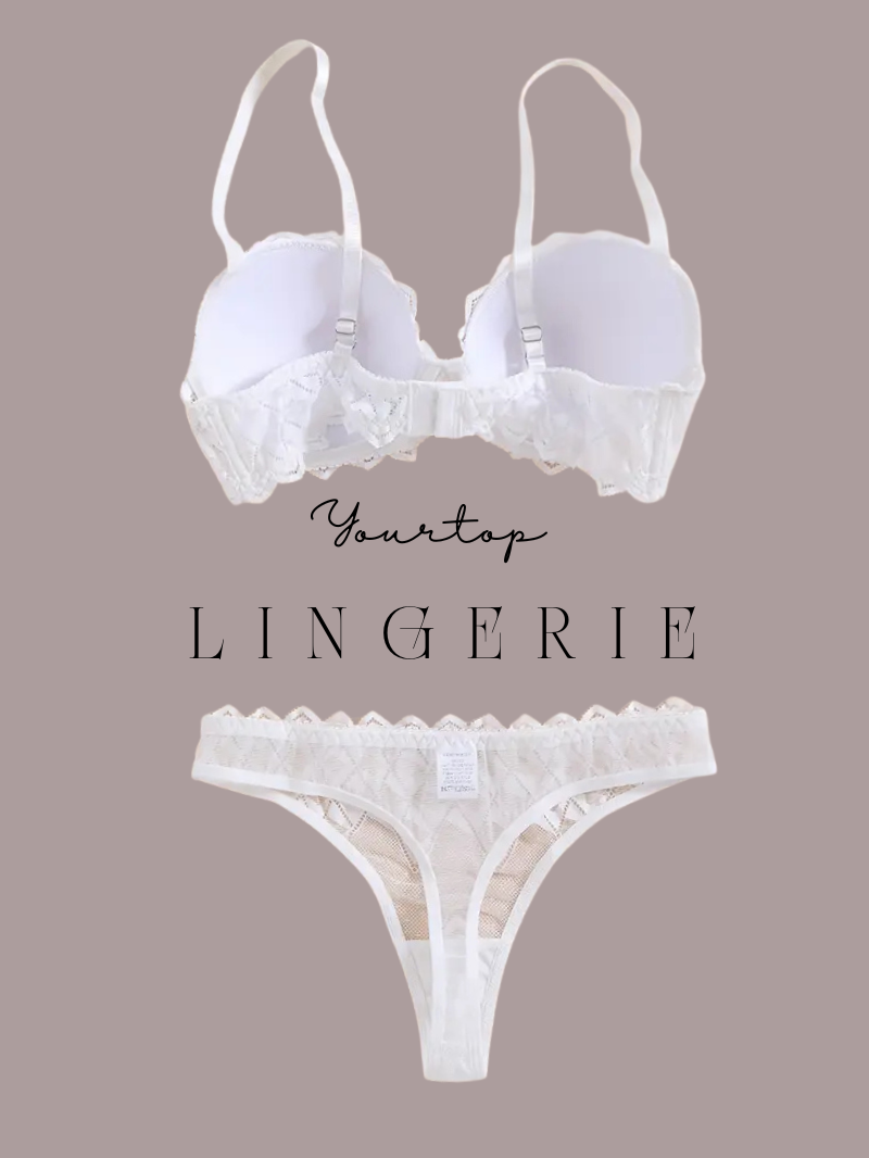 White Thong Back View, Textured Fabric and Scallop Lace Trim Detail.