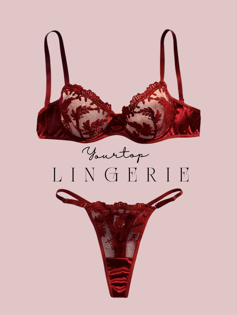 Burgundy Satin Lingerie Set with Tonal Embroidery, Push-Up Bra and Thong Front View, Luxurious Fabric.