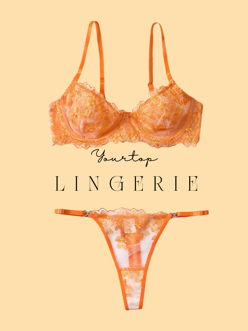 Orange Lace Lingerie Set with Gold Embroidery, Underwire Bra and Thong Front View.