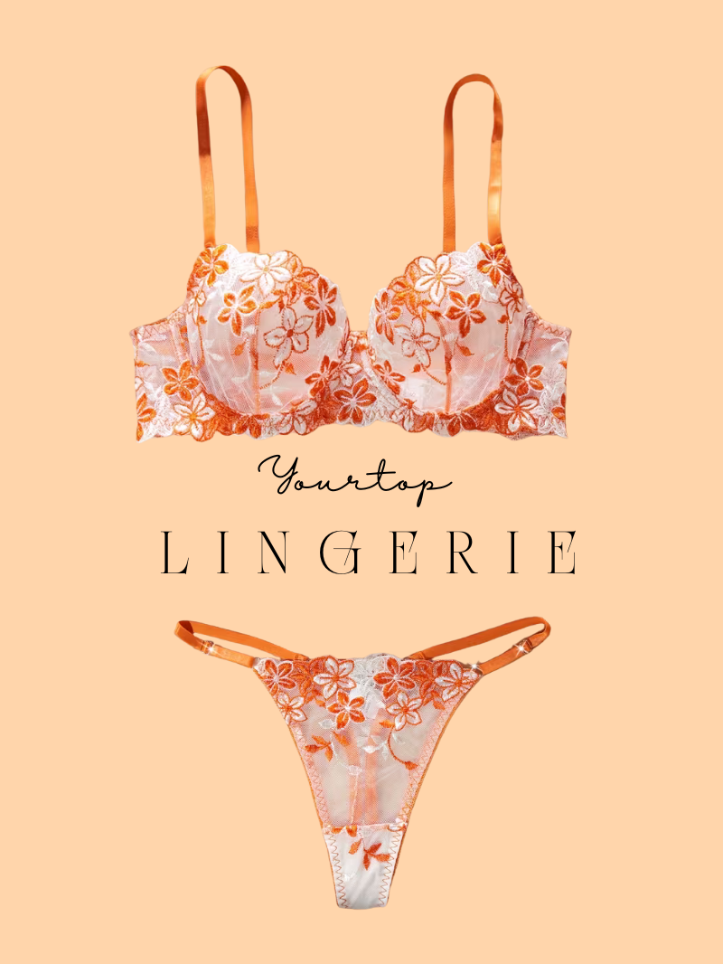 Orange Floral Embroidered Lace Lingerie Set, Underwire Bra and Thong Front View.