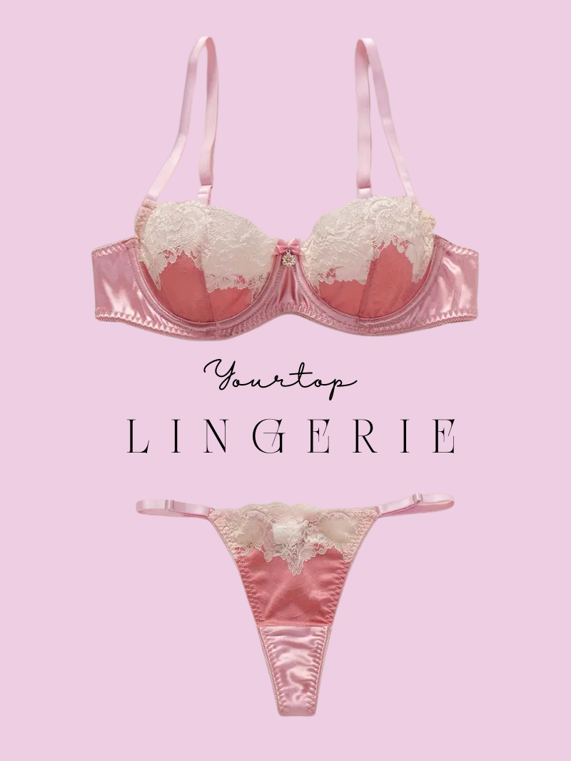 Pink Satin Lingerie Set with White Lace Overlay, Underwire Bra and Thong Front View.