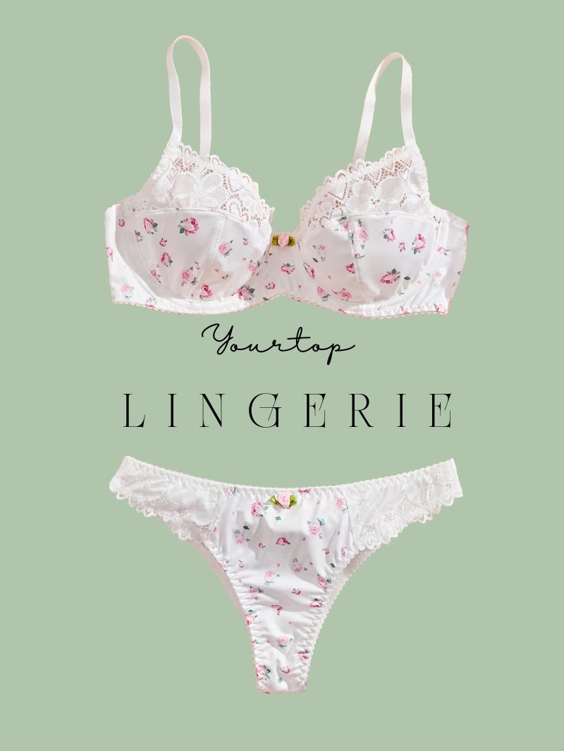 White Lingerie Set with Pink Rose Print and White Lace Trim, Underwire Bra and Thong Front View.