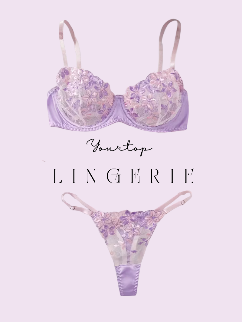 Lilac Satin Lingerie Set with Floral Embroidery, Underwire Bra and Thong Front View.