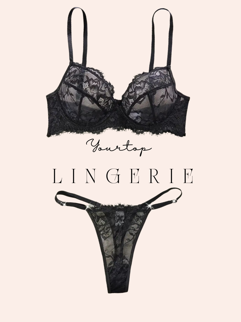 Black Lace Lingerie Set, Sensual Underwire Bra and Thong Front View.