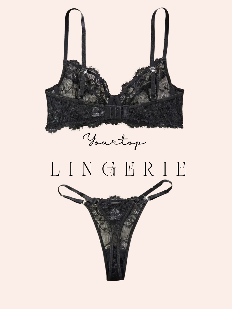 Black Lace Thong Back View, Sheer Mesh and Adjustable Straps Detail.