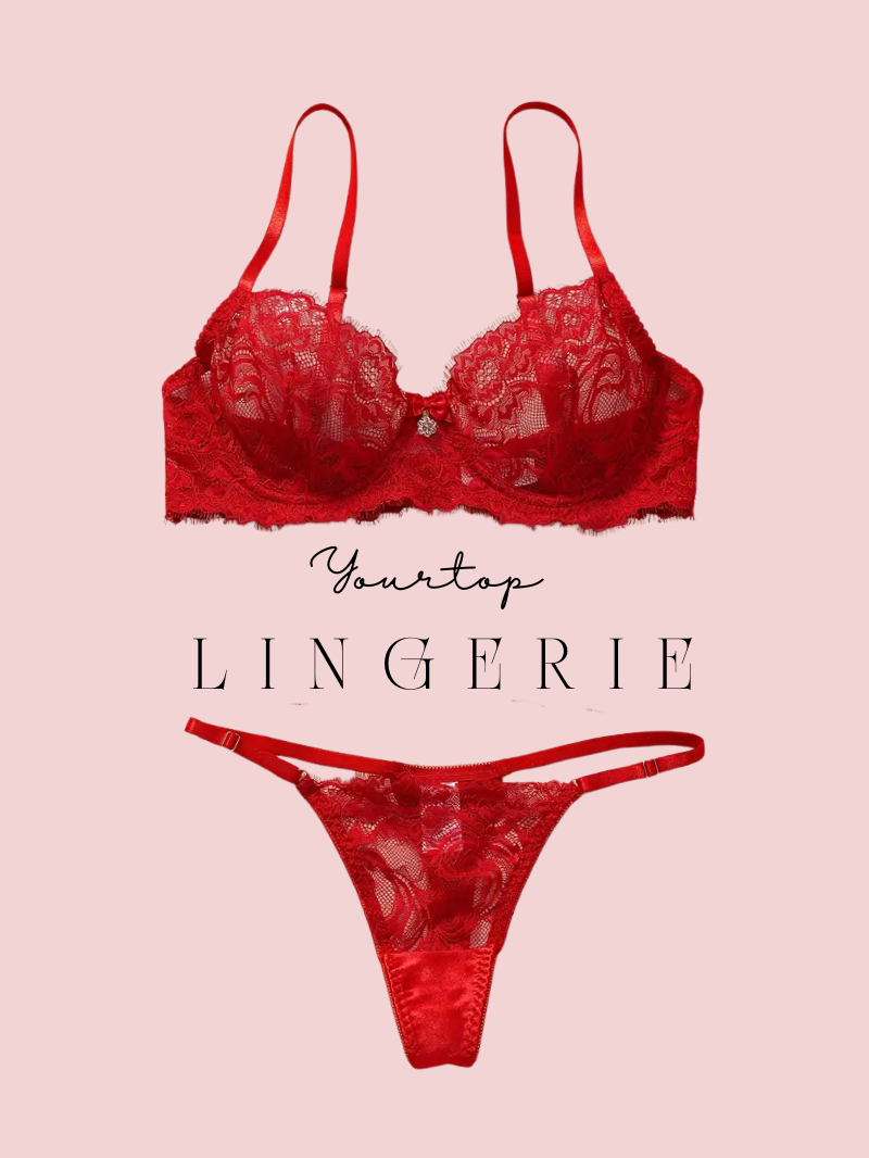 Red Lace Lingerie Set with Satin Detail, Underwire Bra and Tanga Thong Front View.