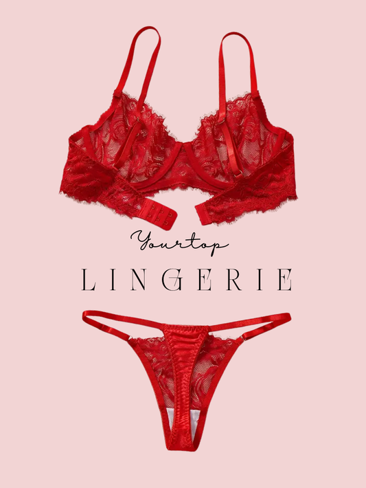 Red Lace Tanga Thong Back View, Adjustable Straps and Scallop Edge Detail.