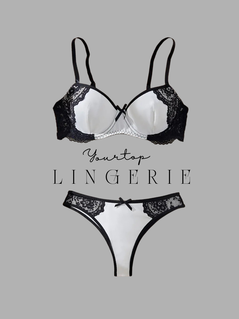 Black and White Satin Lingerie Set with Contrast Lace Trim, Padded Bra and Thong Front View.