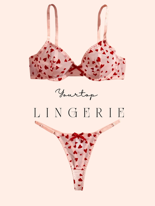 Pink Lingerie Set with Red Heart Print, Underwire Bra and Thong Front View.