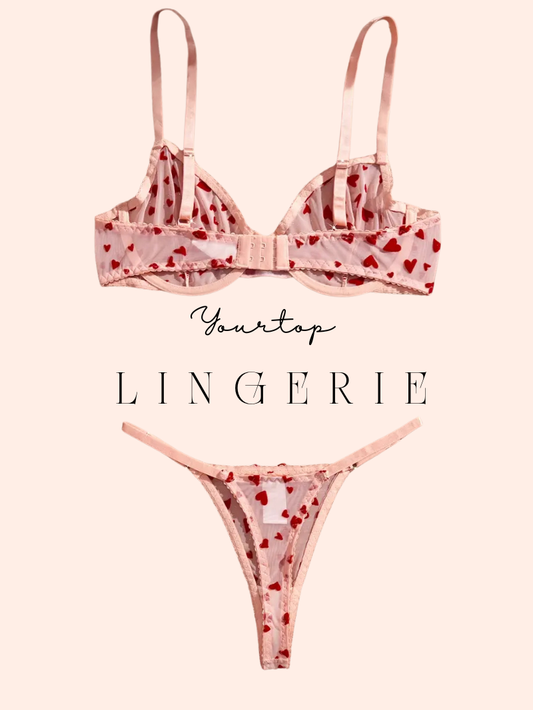 Pink Thong Back View with Red Heart Print Pattern and Ribbon Bow Detail.