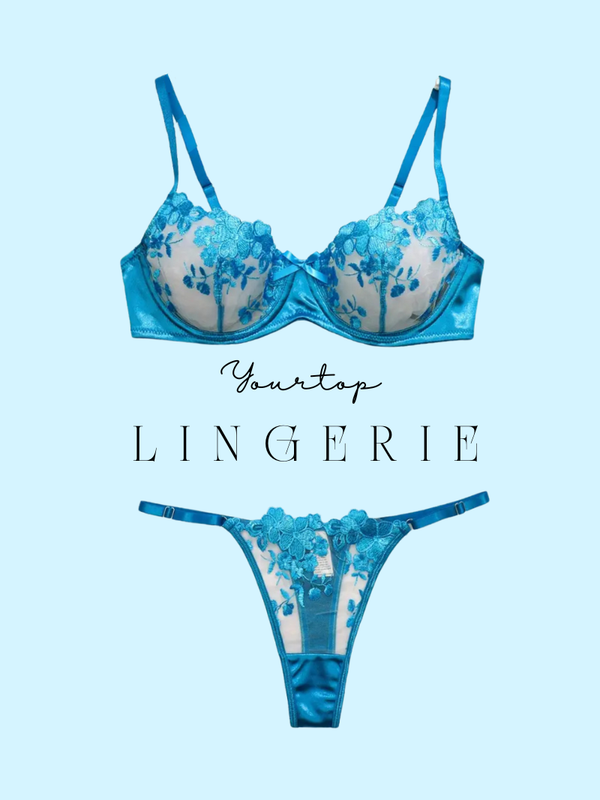 Sky Blue Satin Lingerie Set with Floral Embroidery, Underwire Bra and Thong Front View.