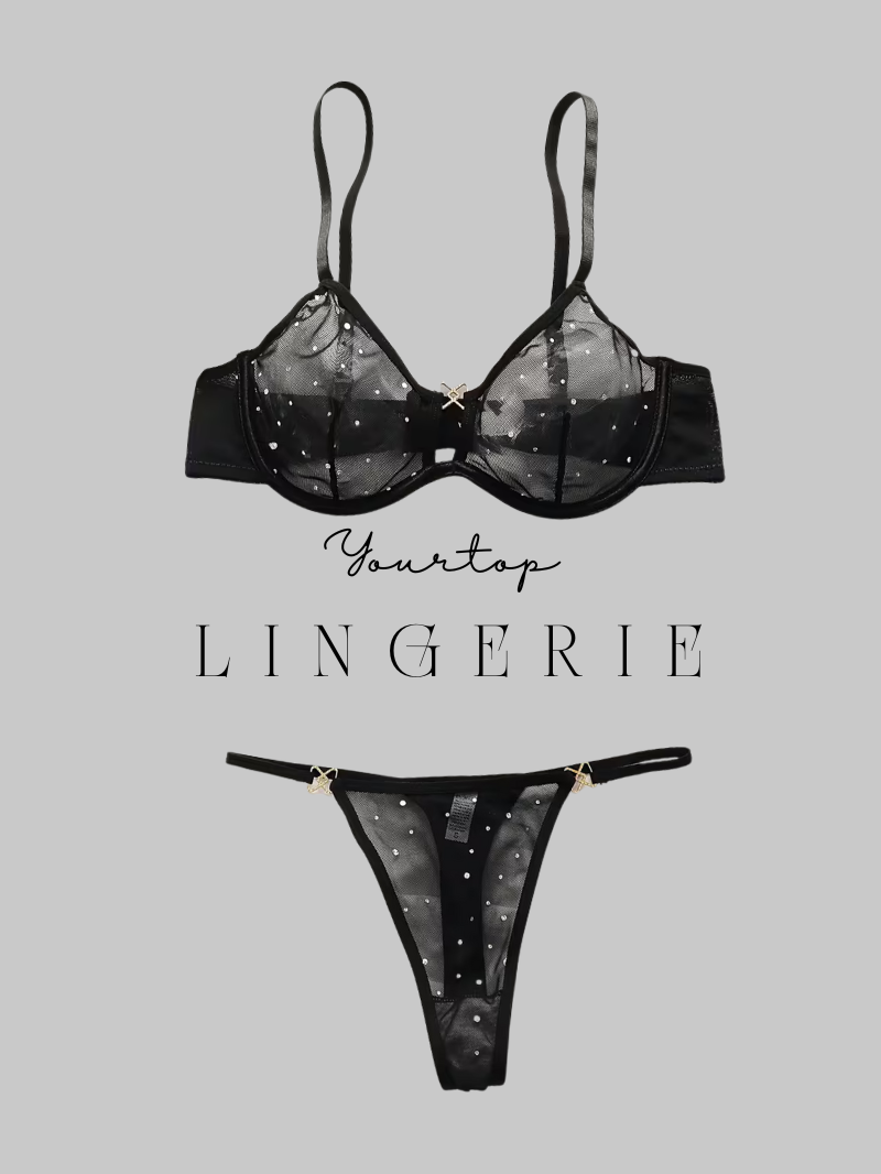 Black Starry Sky Lingerie Set with Glitter Mesh, Underwire Bra and Thong Front View.