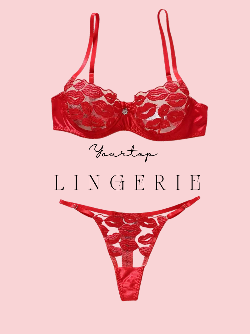 Red Satin Lingerie Set with Lips Print, Bra and Thong, Valentine's Day Theme