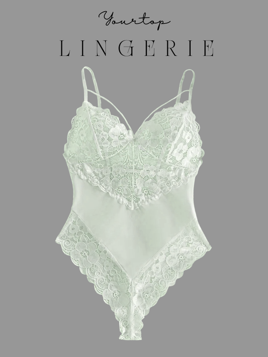 White Satin and Lace Bodysuit 'White Pearl' with V-Cut Front and Scallop Edge, Front View.