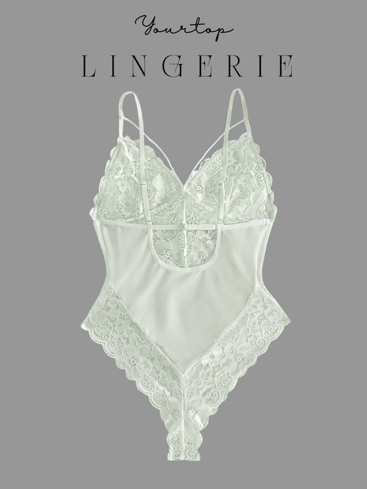 White Lace Bodysuit Back View, Criss-Cross Adjustable Straps and Sheer Fabric.