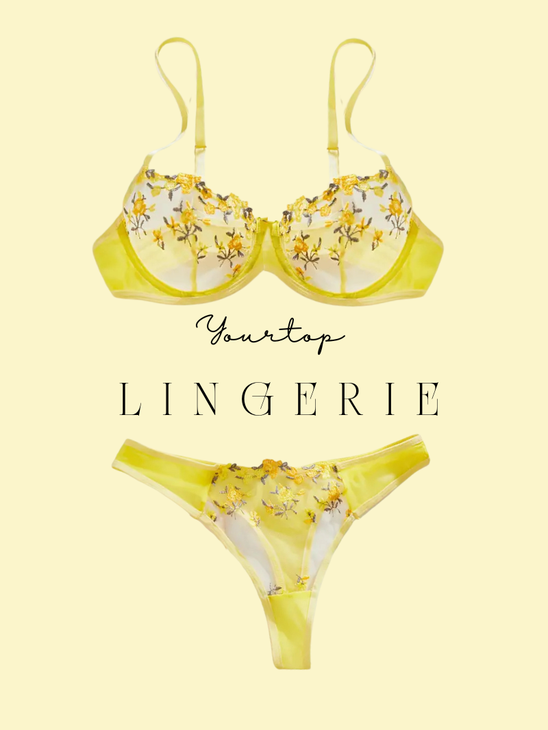 Yellow Lingerie Set with Floral Embroidery, Underwire Bra and Thong Front View, Sheer Mesh.