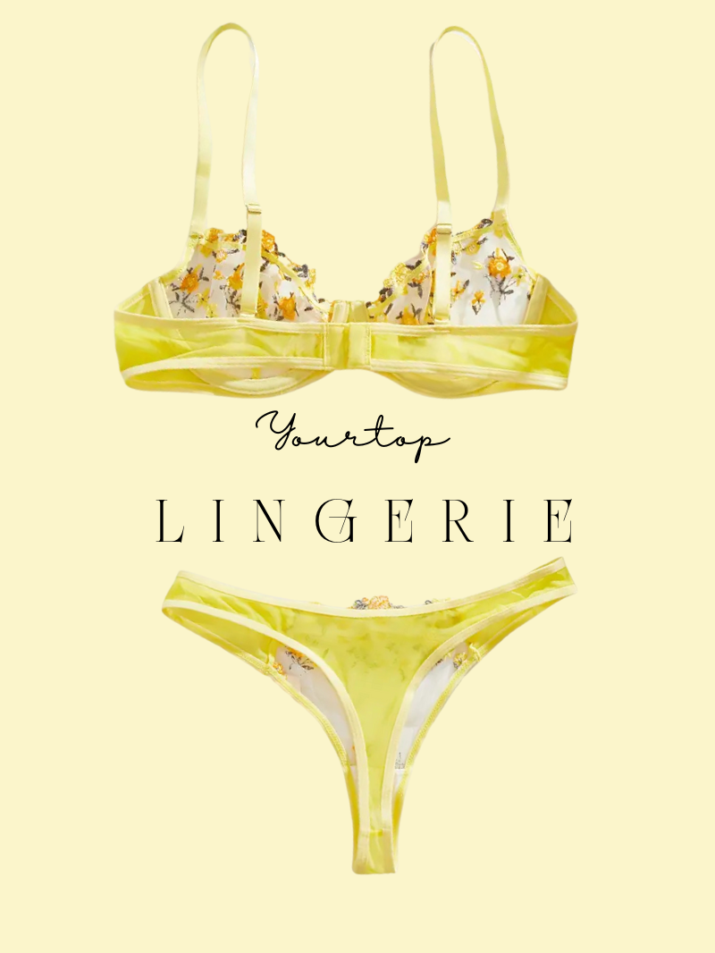 Yellow Thong Back View, Floral Applique and Adjustable Straps Detail.