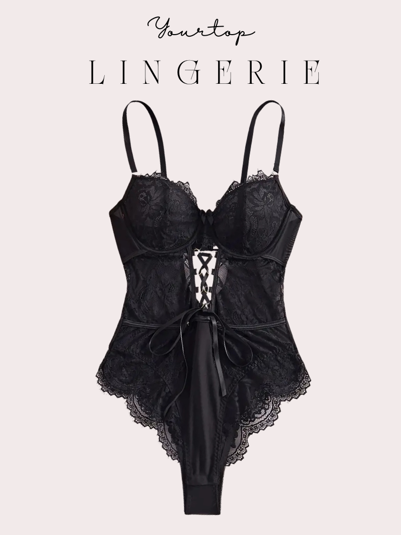 Black Lace Bodysuit with Satin Corset Lacing Detail and Scallop Edges, Front View.