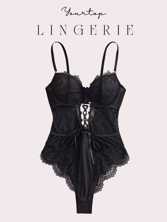 Black Lace Bodysuit with Satin Corset Lacing Detail and Scallop Edges, Front View.
