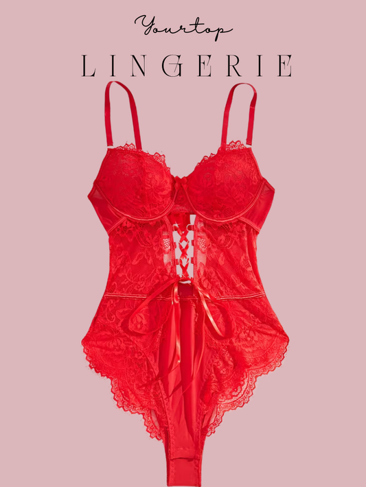 Red Lace Bodysuit with Satin Corset Lacing Detail and Underwire Cups, Front View.