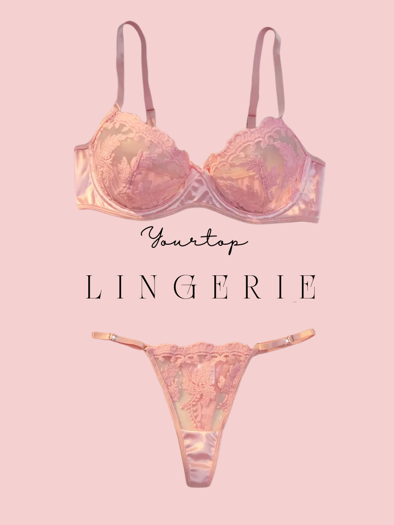 Sweet Pink Satin Lingerie Set with Lace Overlay, Underwire Bra and Thong Front View.