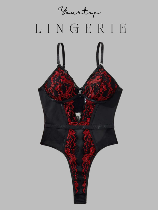 Black Bodysuit 'Vampire' with Red Floral Brocade Panel and Deep V-Cut, Front View.