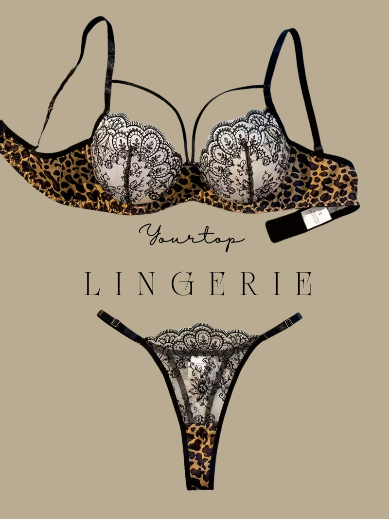 Leopard Print Lingerie Set 'Wild Safari' with Black Harness Straps and White Lace Cups, Front View